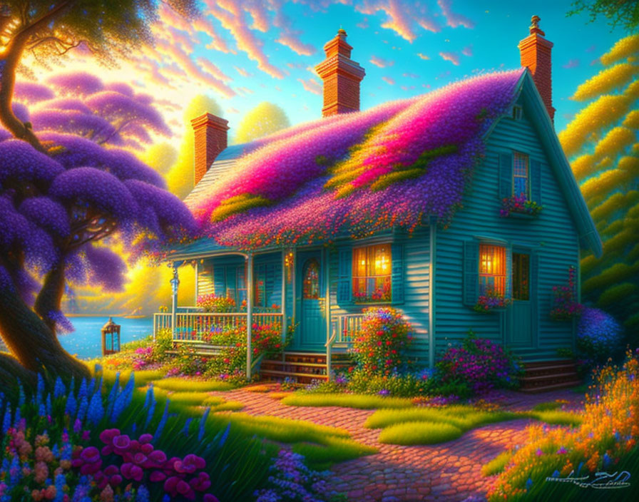 Cozy Cottage Surrounded by Flowers and Trees at Dusk