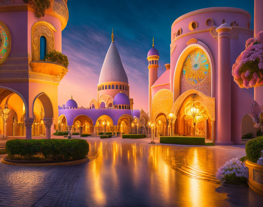 Fantasy palace with ornate arches and golden courtyard at sunset