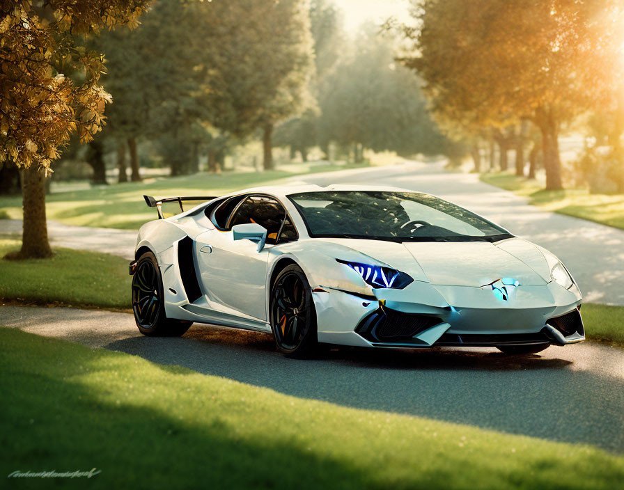 Luxury white Lamborghini Aventador parked on tree-lined road