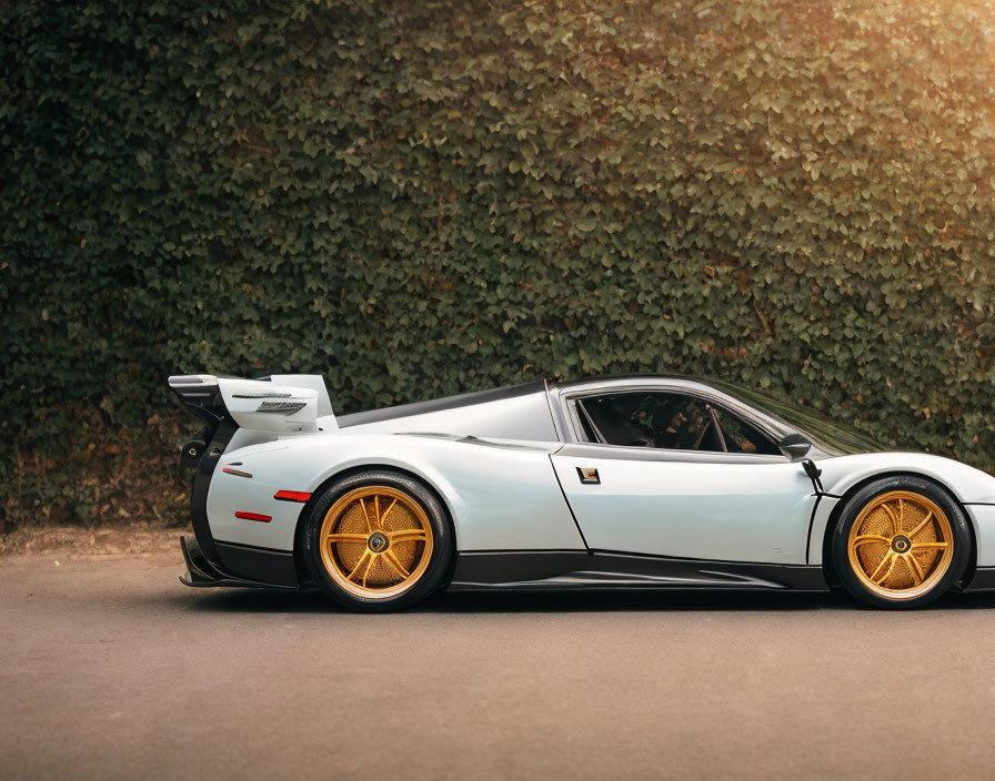 Silver sports car with golden wheels parked near hedge.