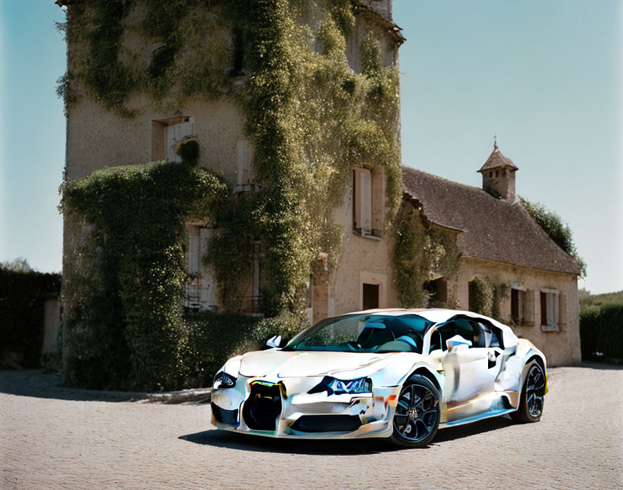 Customized sports car parked in front of ivy-covered building on sunny day