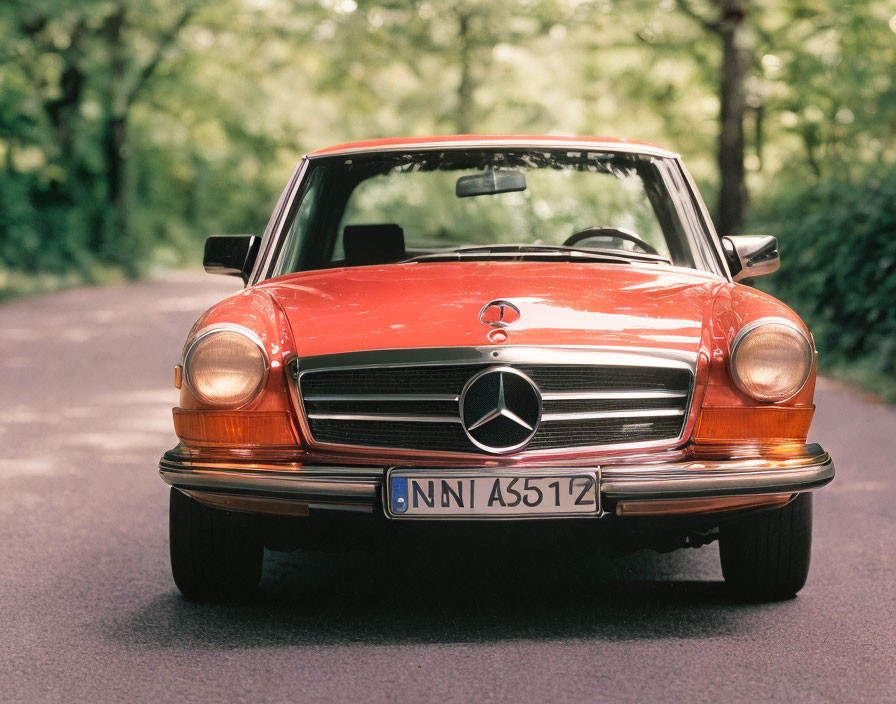 Classic Red Mercedes-Benz Convertible on Tree-Lined Road