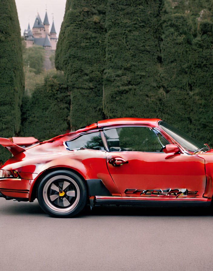 Vintage Red Porsche 911 on Road with Castle and Cloudy Sky