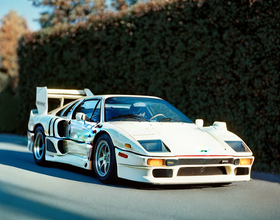 Blue and White Racing Car with Rear Wing on Road Lined with Hedges