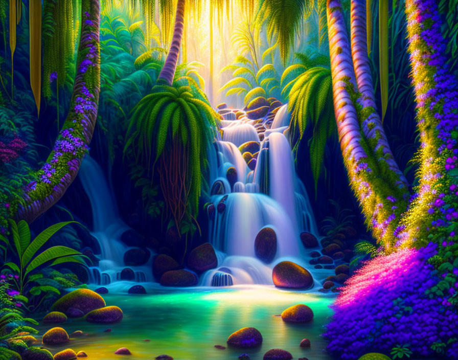 Colorful Jungle Scene with Waterfall and Sunbeams