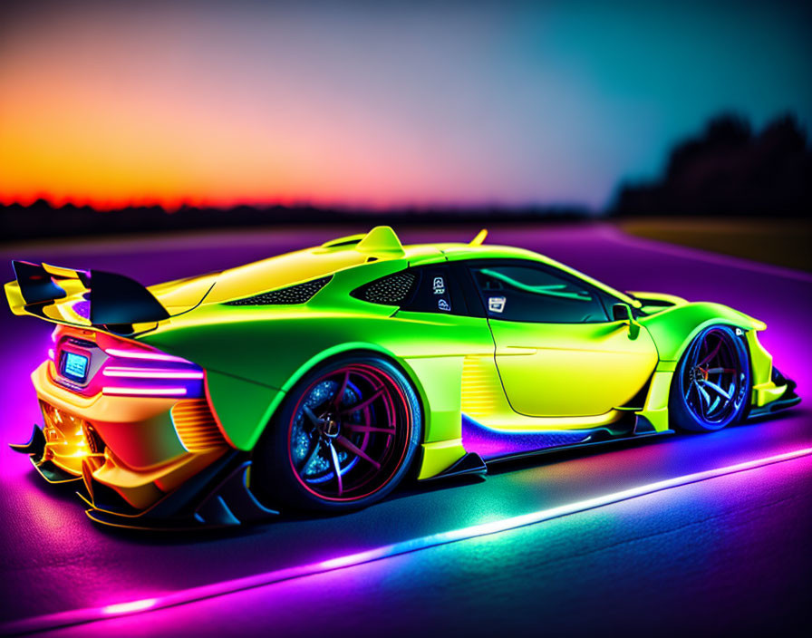 Vibrant green and yellow sports car with neon underglow at twilight