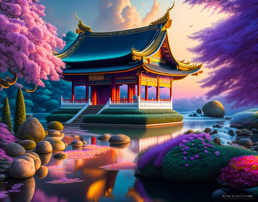 Traditional Asian Pavilion by Calm Lake at Twilight