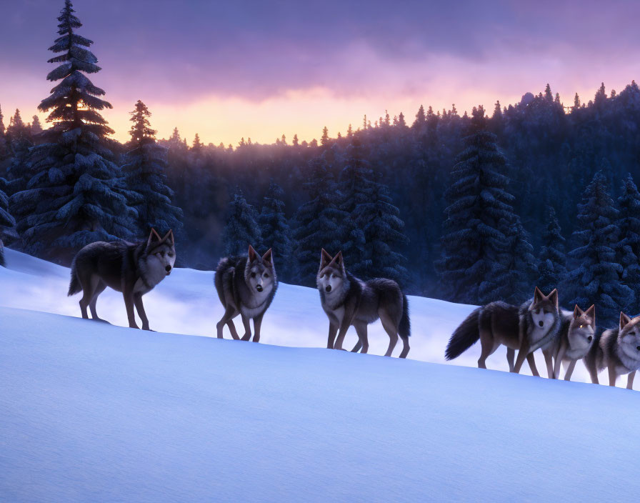 Pack of Wolves in Snowy Forest at Twilight with Purple and Orange Skies