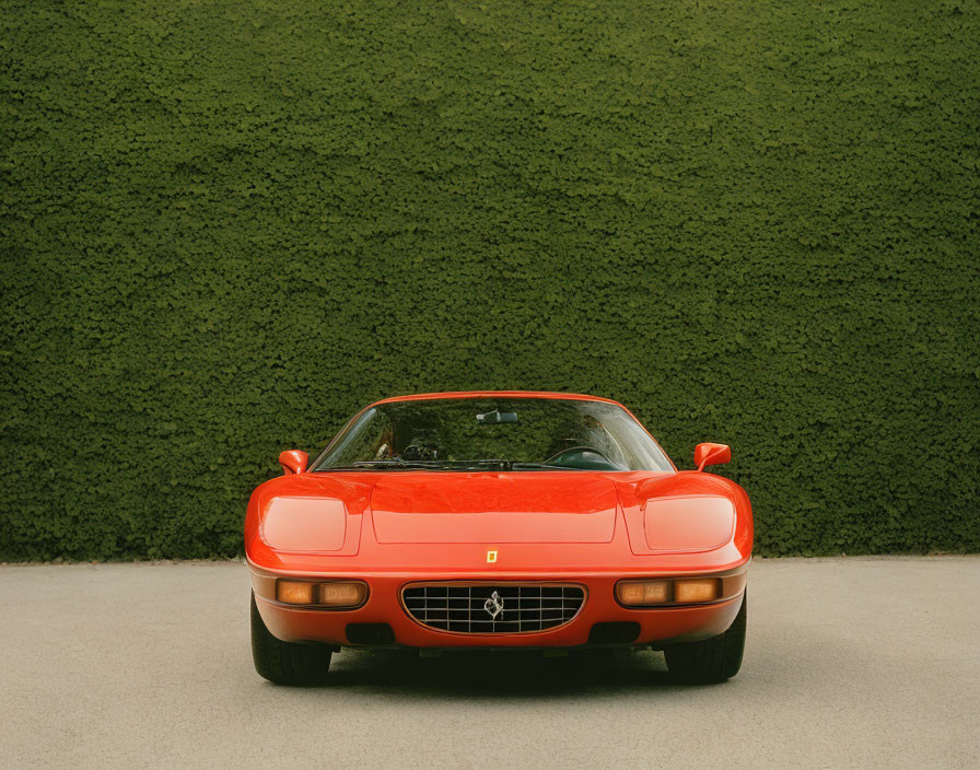 Red Ferrari sports car parked in front of green hedge with popped-up headlights