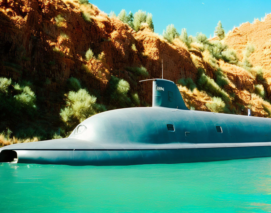 Submarine surfacing near rocky coastline in turquoise waters