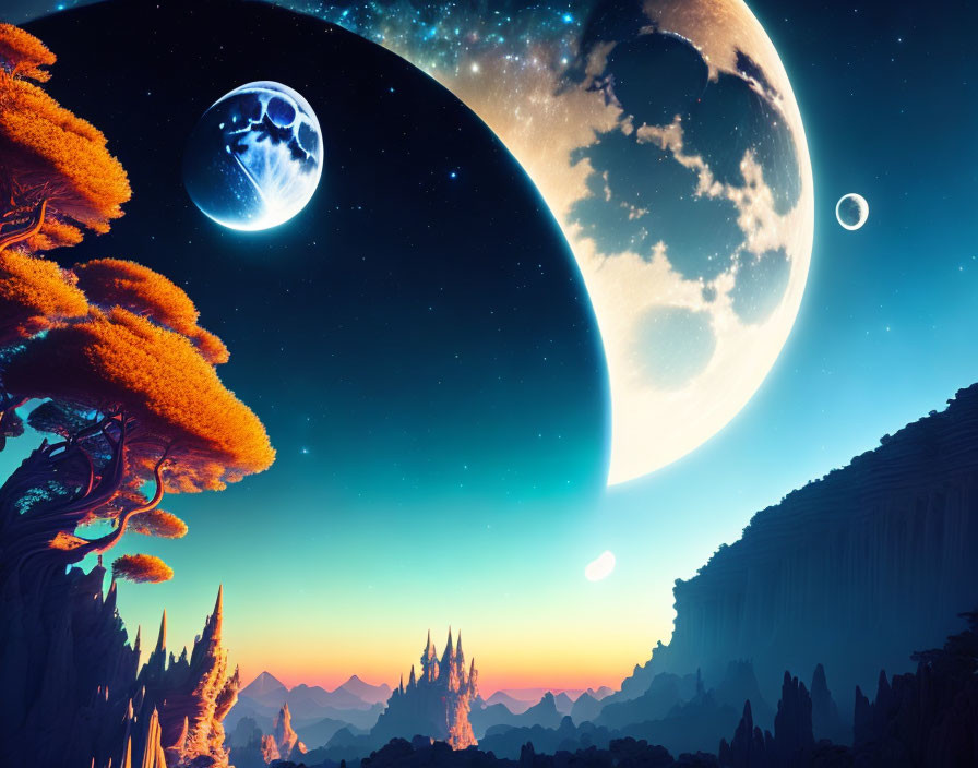 Colorful sci-fi landscape with alien trees, celestial bodies, and jagged mountains