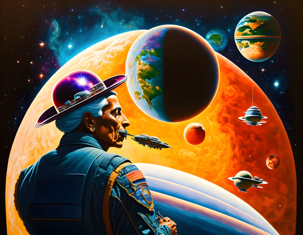 Vibrant sci-fi illustration of person in uniform with cosmic scene