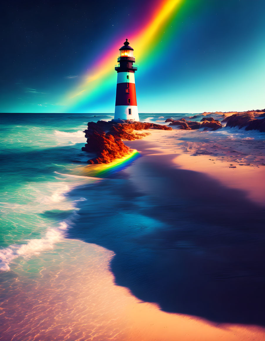 Coastal lighthouse beaming rainbow colors over ocean and beach at twilight