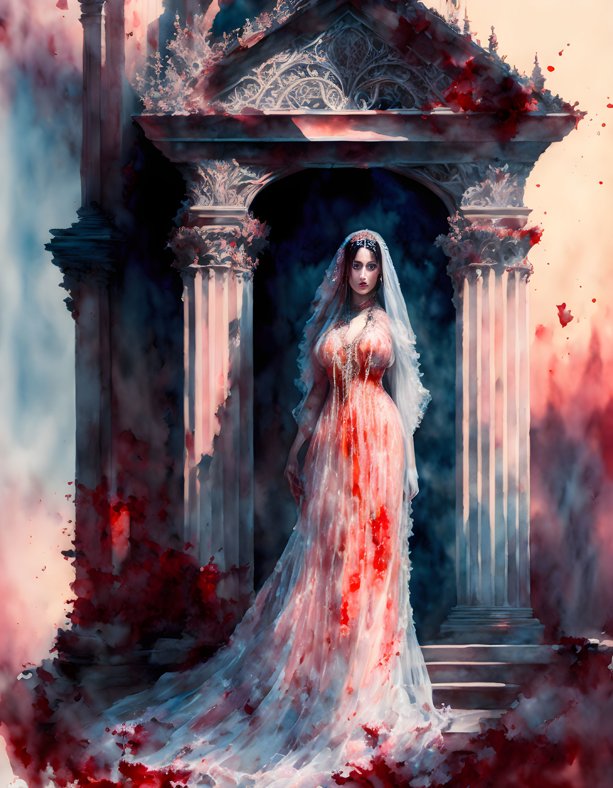 Blood-Stained Bride in Gothic Entryway with Red Mist