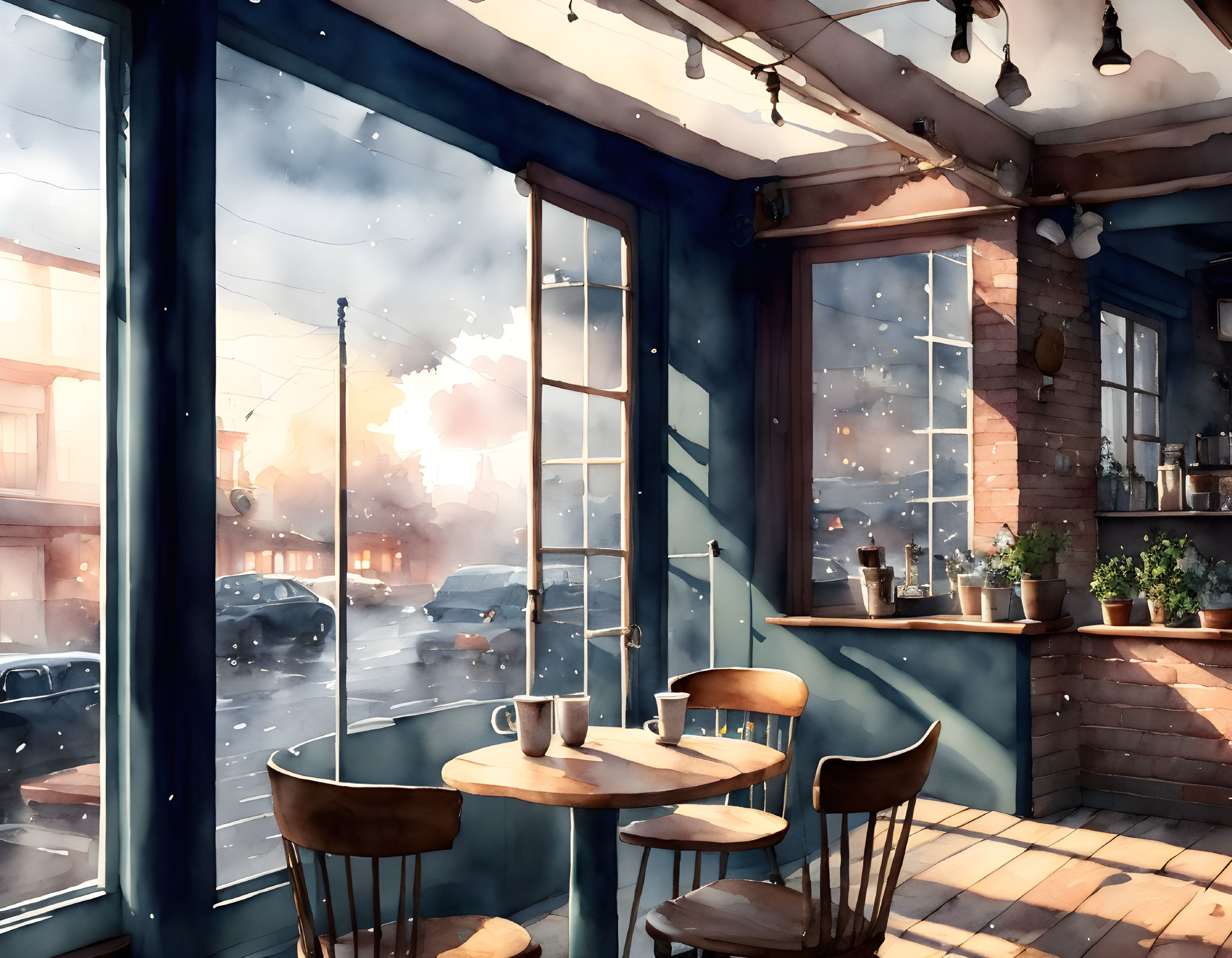 Sunlit cafe interior with wooden furniture, plants, and snowy city view.