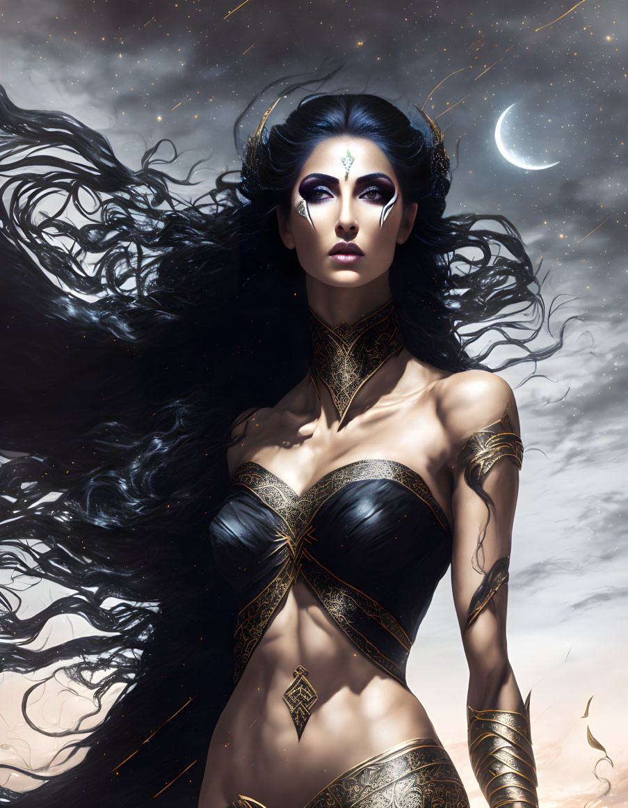 Mystical woman with dark hair, gold jewelry under crescent moon