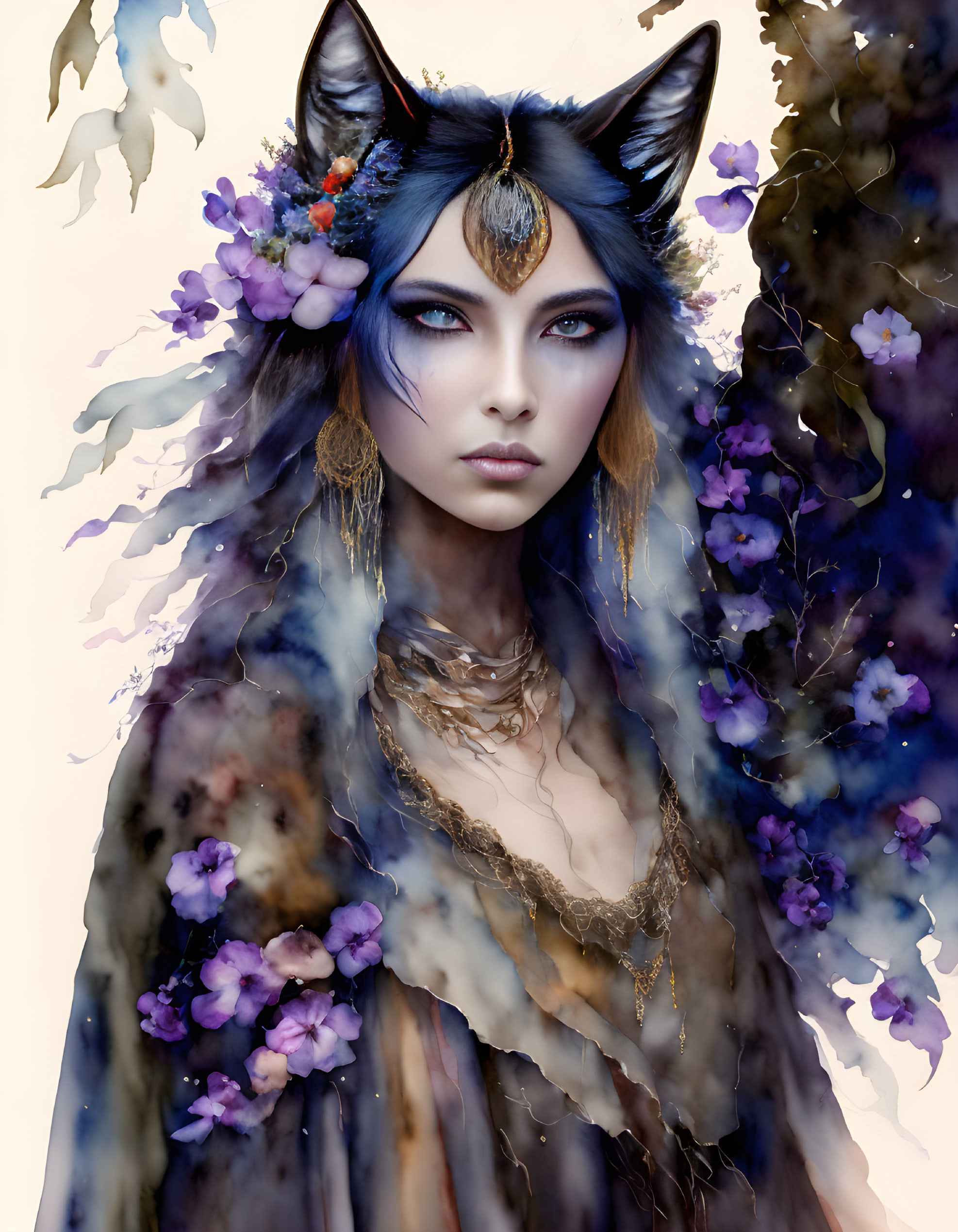 Fantasy creature with blue feline ears and floral adornments surrounded by purple blooms