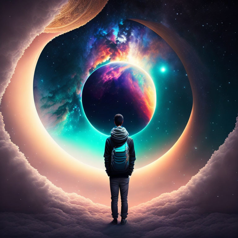 Person Contemplates Cosmic Portal with Vibrant Galactic Scenery