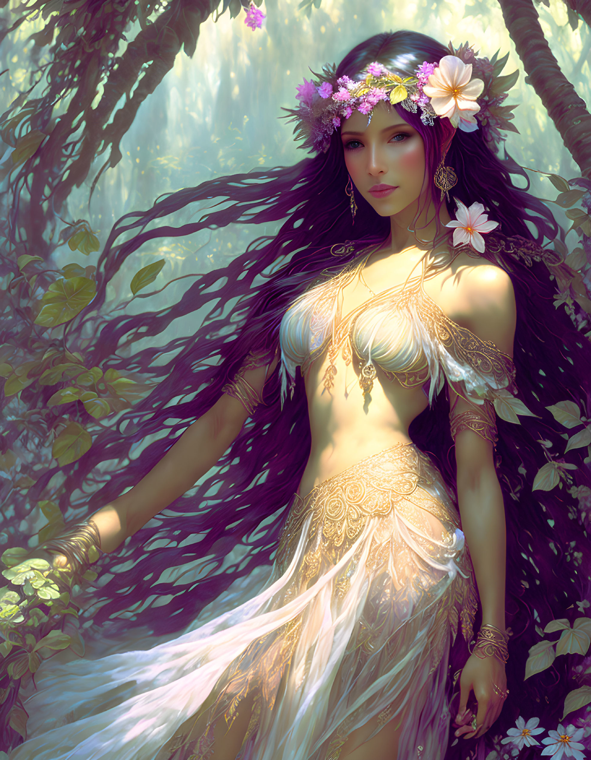 Mystical female figure with floral crown in ethereal forest glade