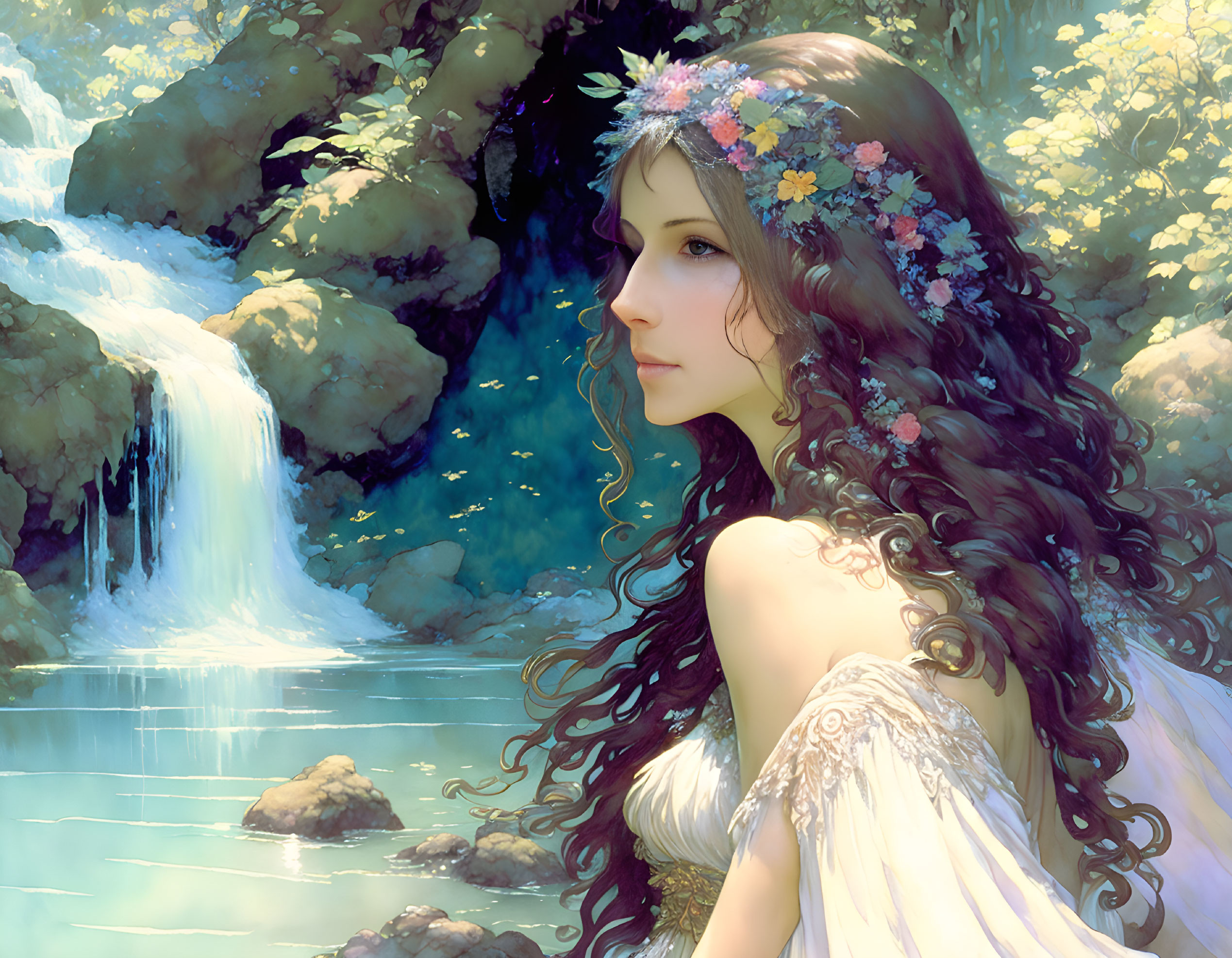 Woman with floral wreath by serene waterfall and rocks