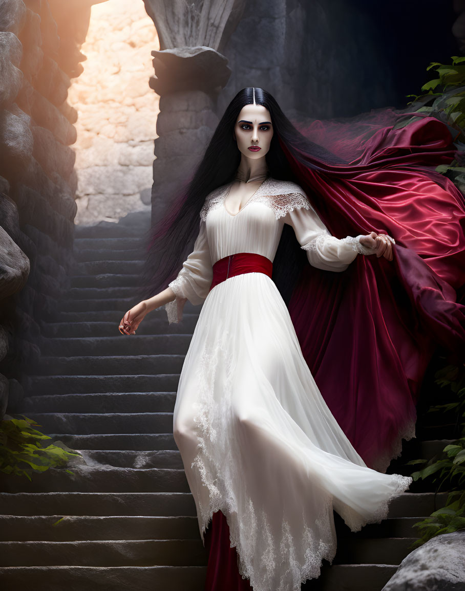 Person in White Gown and Red Cloak on Stone Stairs