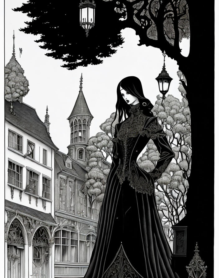 Monochrome gothic illustration of woman in elaborate attire under lantern-lit tree.