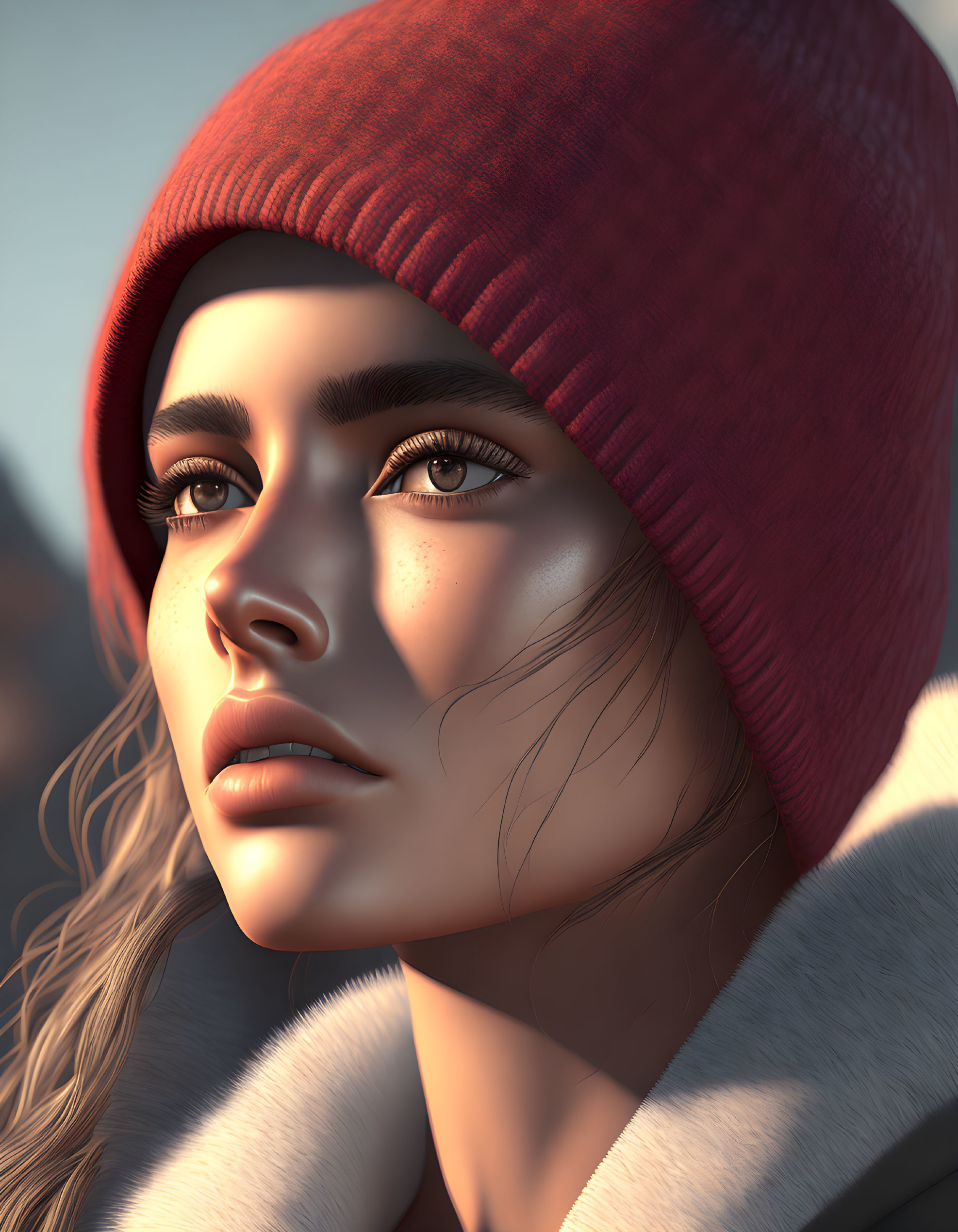 Fair-skinned woman in red beanie and cream jacket with teary eyes, digital portrait