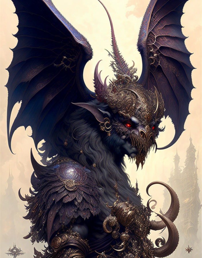 Dark dragon with golden armor and red eyes in mystical setting