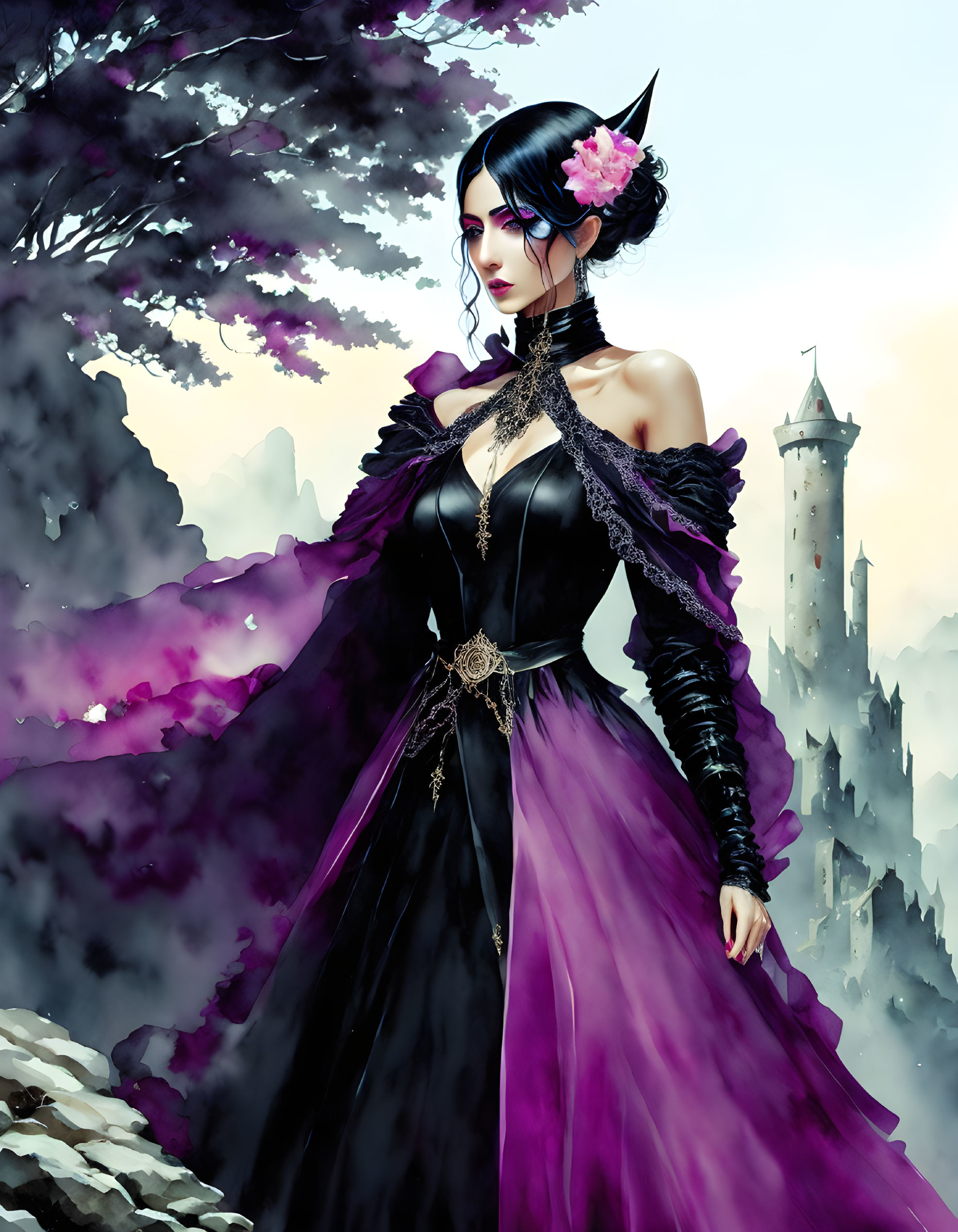 Illustrated woman in purple gown with choker holding fan in misty castle backdrop