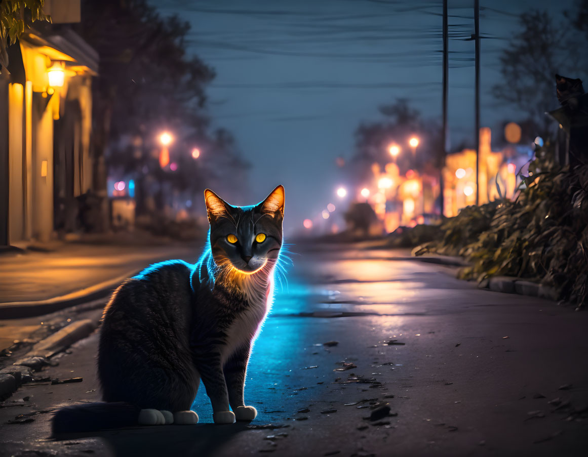 Two glowing-eyed cats on street at night with ambient light