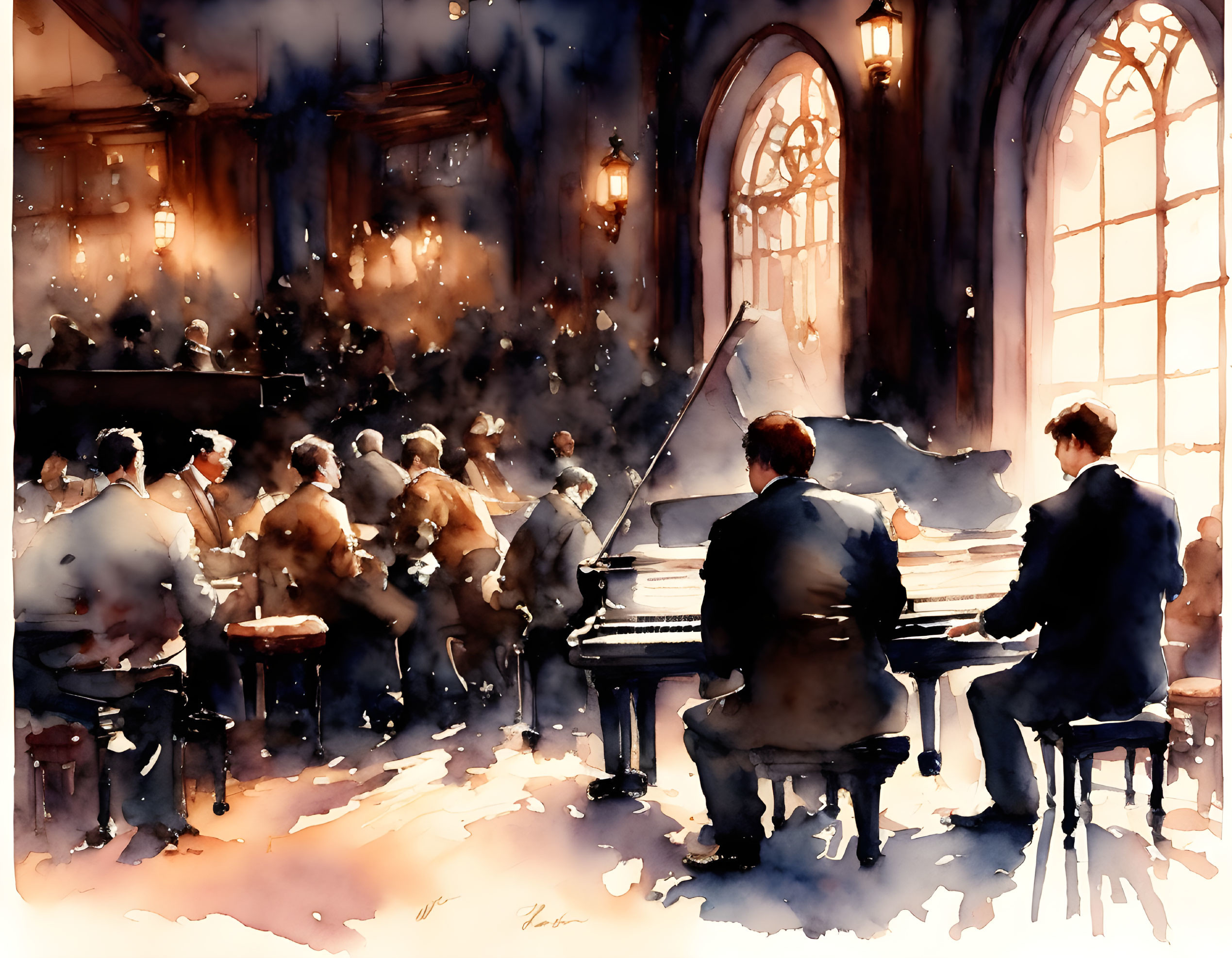 Classical concert watercolor painting with pianists and orchestra in warm light