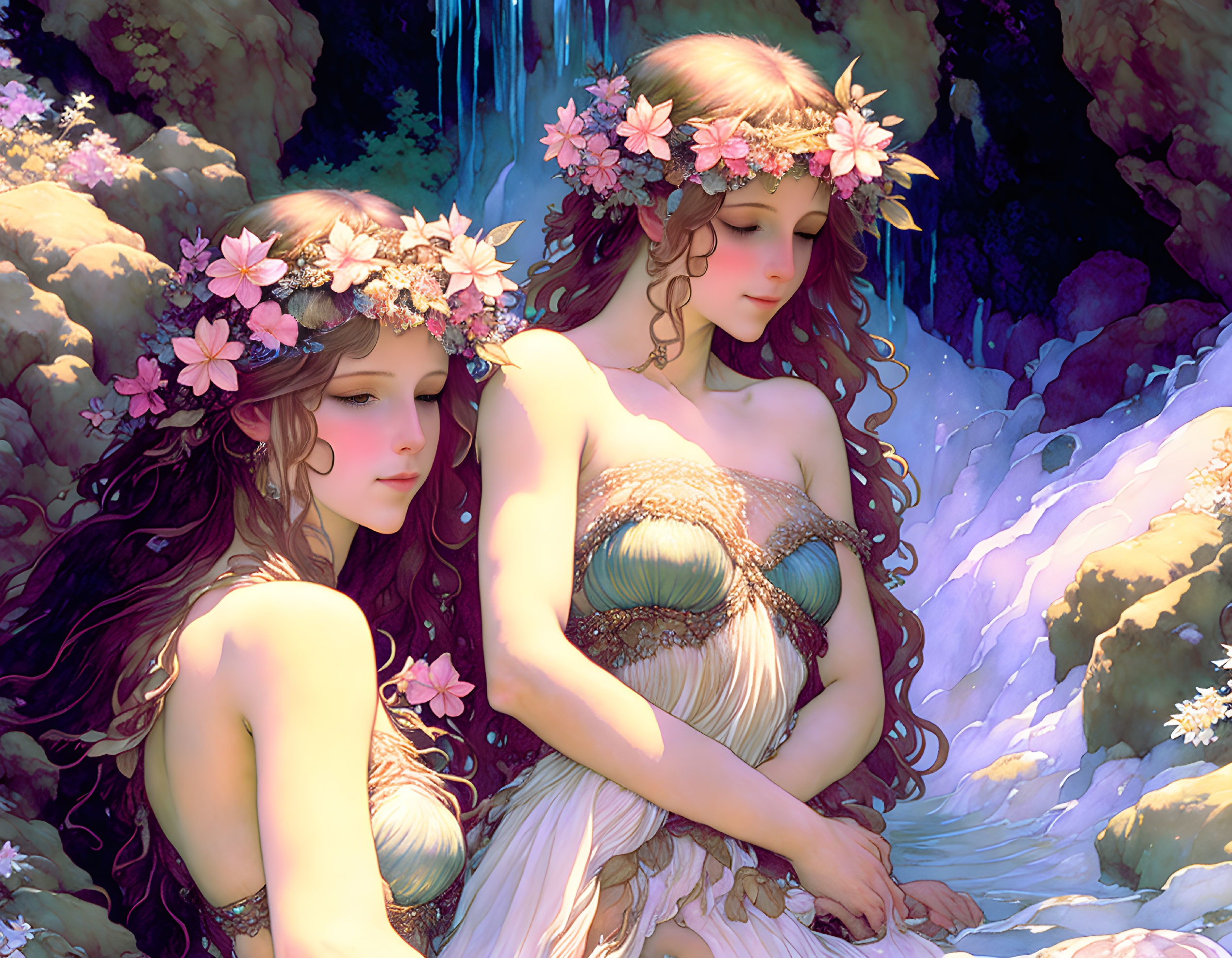 Ethereal women with floral crowns in enchanted forest scene