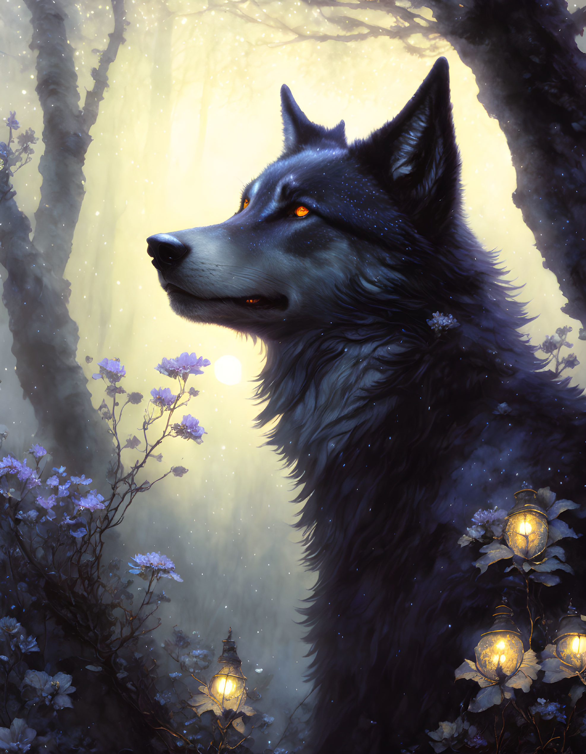 Majestic wolf with amber eyes in mystical forest with lanterns and purple flowers