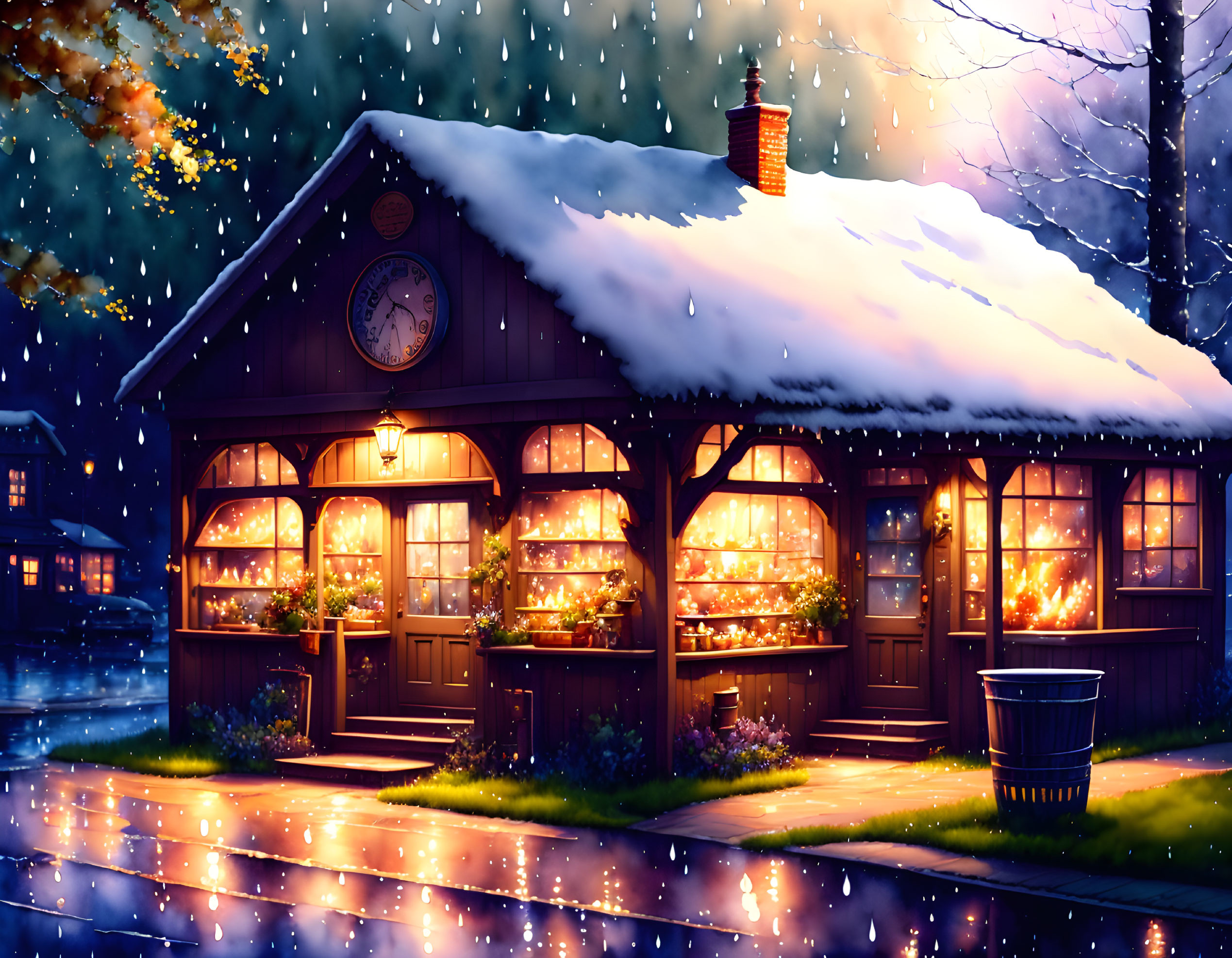 Snow-covered cottage illuminated at night in falling snow.