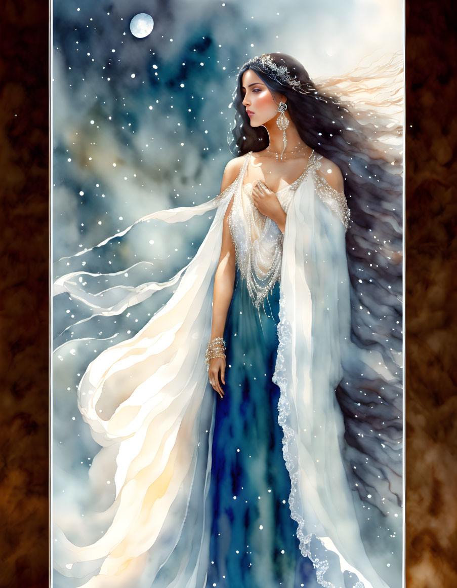 Ethereal woman in white and blue gown with starry background