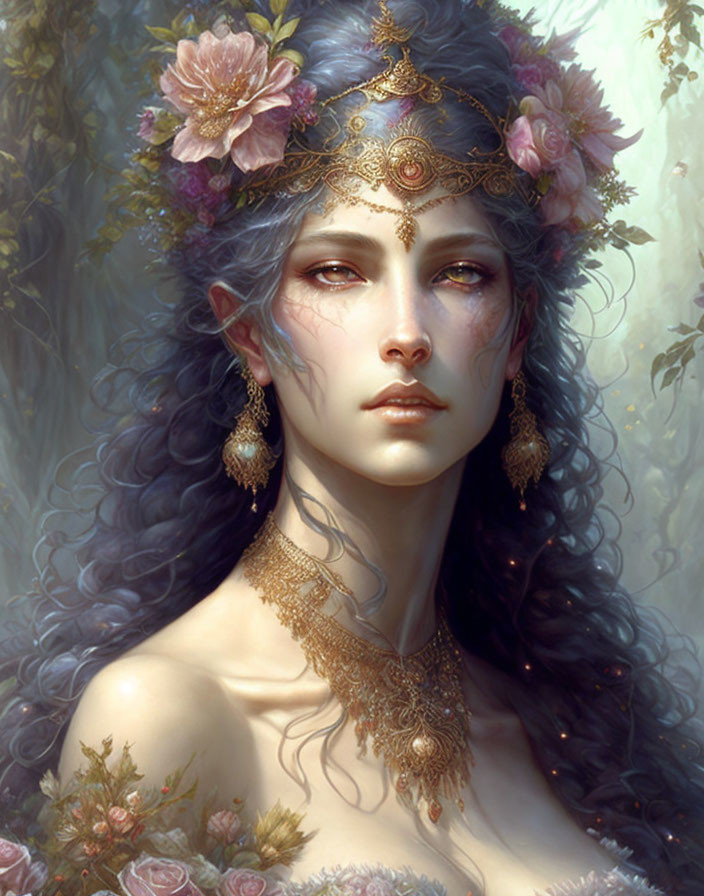 Digital painting: Woman with decorative headgear, intricate jewelry, and floral elements in soft, ethereal