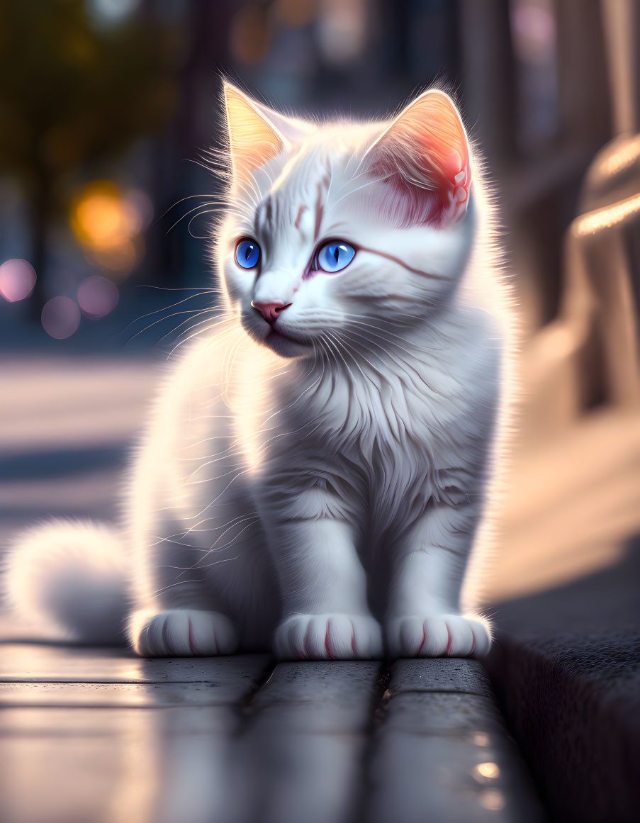 Fluffy white cat with blue eyes basking in sunlight on wooden surface