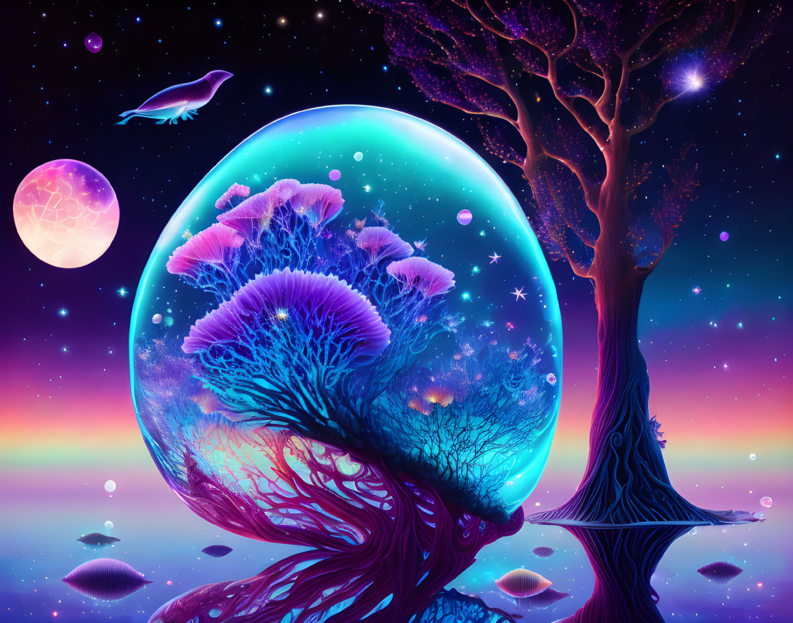 Fantasy landscape with tree roots, jellyfish bubble, floating islands, and whale