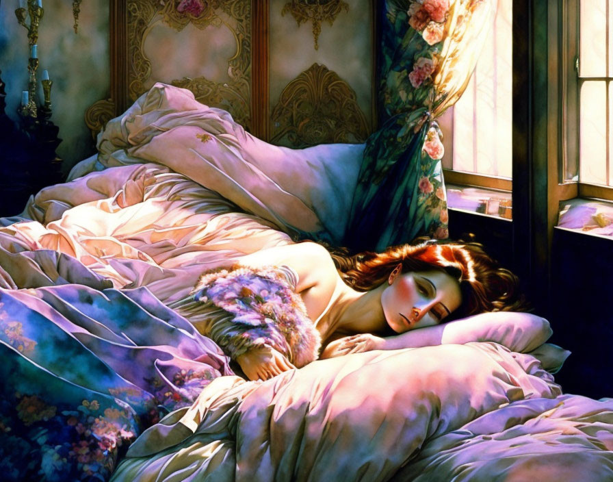 Woman Sleeping in Sunlit Ornate Room with Floral Bouquet - Peaceful Scene