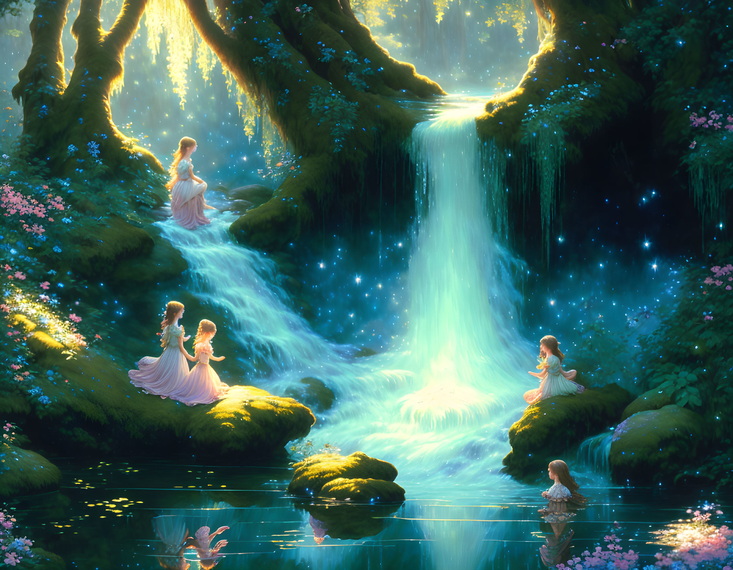 Fantasy landscape with figures in flowing dresses, vibrant flora, streams, and waterfall