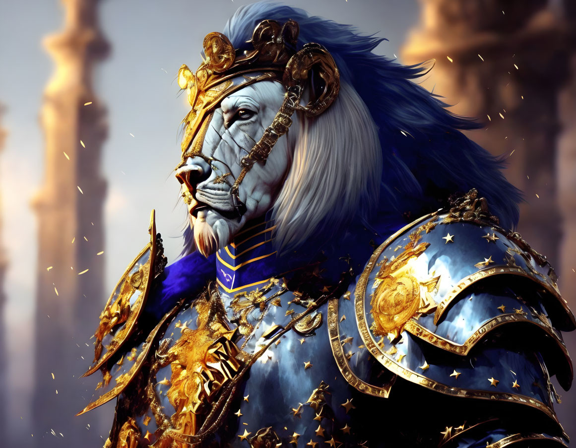 Regal anthropomorphic lion in golden and blue armor