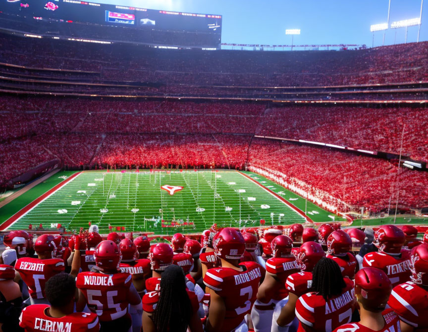 Red uniformed football team on sidelines of packed stadium with fans, clear sky.