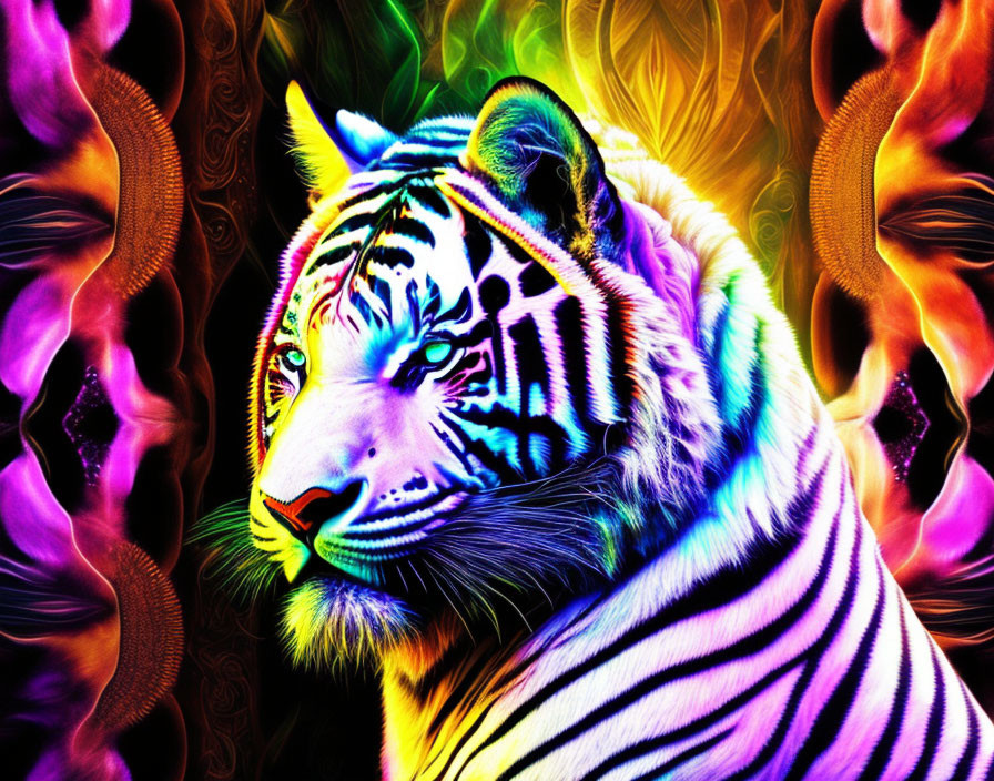 Colorful Psychedelic Neon Tiger Artwork on Swirling Background