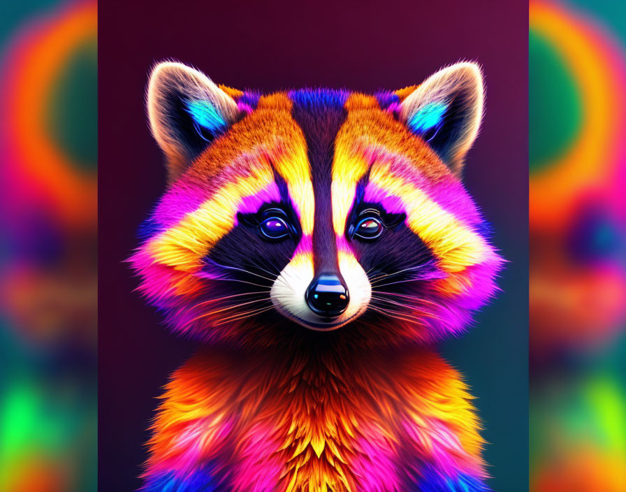 Colorful digital art: neon raccoon on dark backdrop with circles