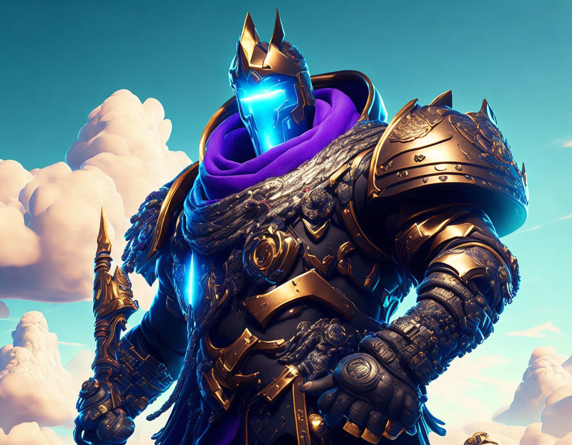 Knight in Glowing Blue and Gold Armor Against Cloudy Sky