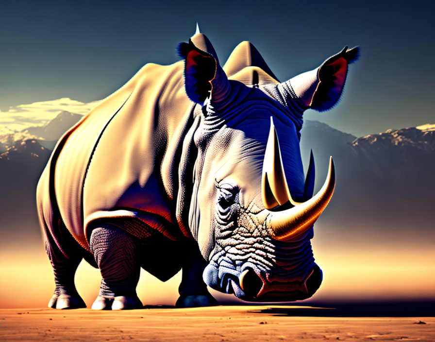 Digitally rendered rhinoceros in serene sunset landscape with mountains