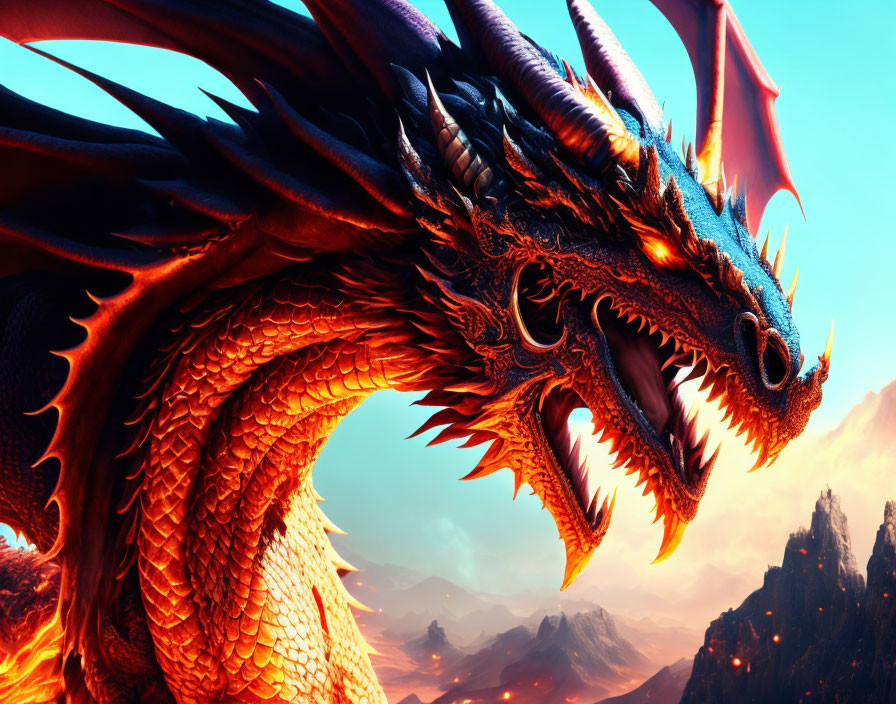 Red dragon with horns and scales in volcanic landscape under warm sky