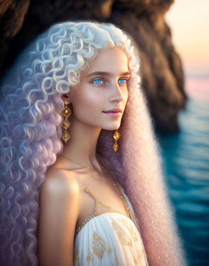 Digital artwork: Woman with curly white hair and blue eyes in white dress by sea at sunset