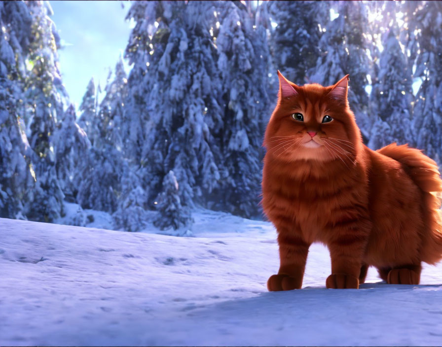 Fluffy orange cat in snow with pine trees and blue sky