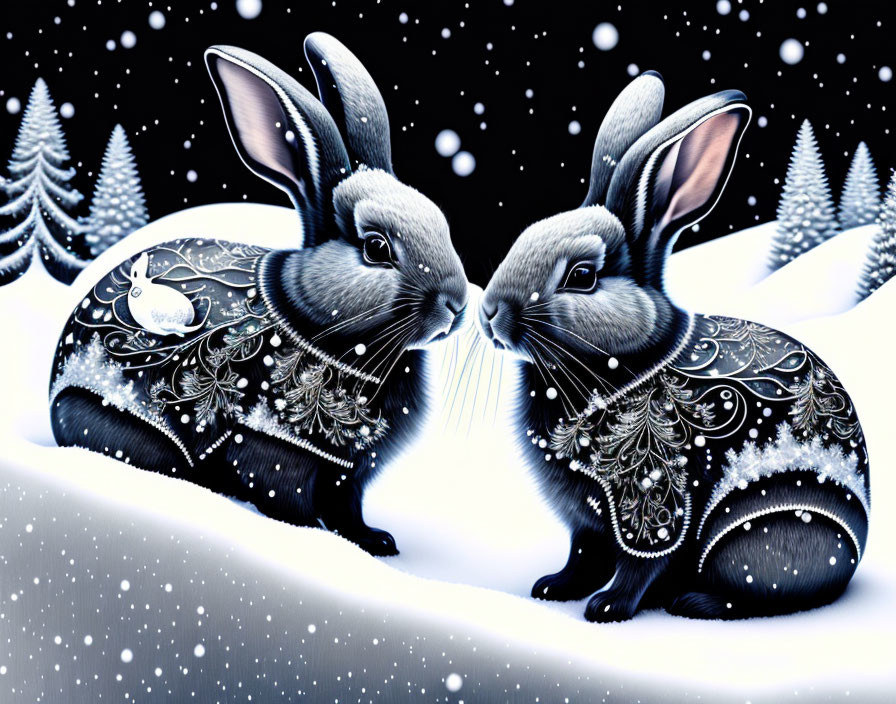 Ornately Decorated Rabbits in Snowy Winter Scene